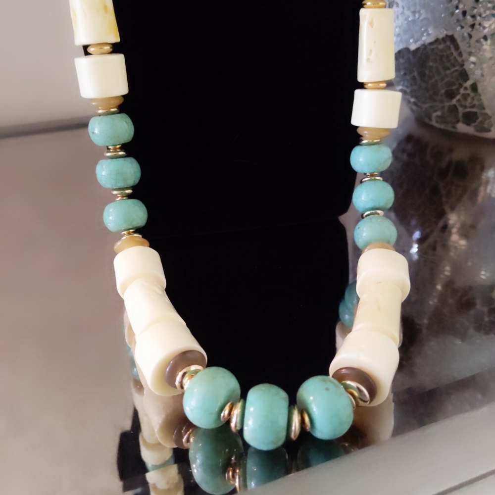 Statement necklace Cream, Light gold, Turquoise colors 36-39 in